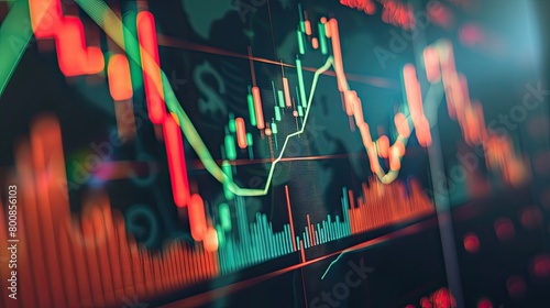 The image shows a close-up of a stock market trading screen with red and green candlesticks, indicating price changes.