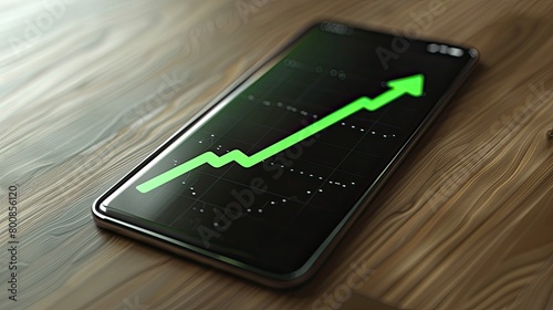 The image shows a smartphone with a green arrow pointing up on the screen, indicating a positive trend