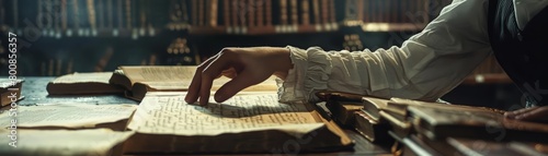 A scholar in a dimly lit library, surrounded by old books and manuscripts