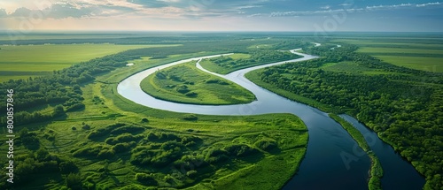 An aerial view of a meandering river in the middle of the countryside