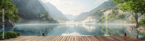 A wooden dock juts out into a calm lake on a foggy morning. The sun is rising over the mountains in the distance. The water is still and clear. The air is fresh and crisp.