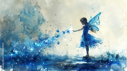  A small girl in a blue dress holds a blue star, gazing upward at the sky