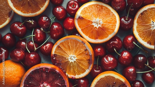 Fruit composition featuring grenades, cherries, and orange slices