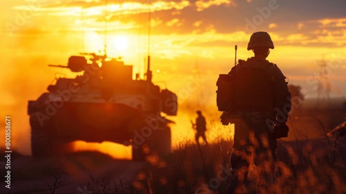 silhouette of soldiers and defense equipment in the sunset. on the battlefield ground war.