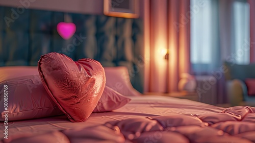 An indoor photo showcasing a hyper-realistic view of a modern bedroom. The focus is on the pink satin bedding on the bed, along with a pink heart-shaped cushion.
