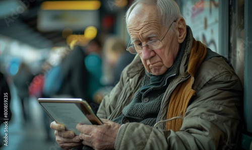 An elderly man is looking at a tablet. Generative AI.