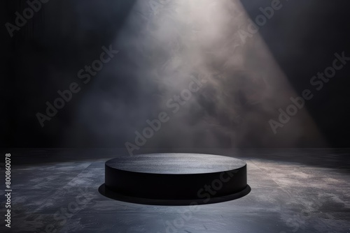 Create a 3D rendering of a single spotlight shining down on a black stage