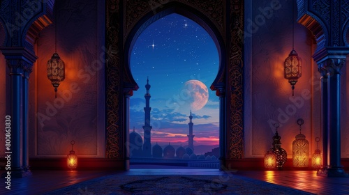Intricately adorned interior archway framing a mosque against a starlit sky with glowing lanterns at dusk