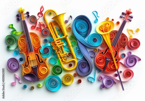 Quilled paper art featuring a violin, trumpet, and double bass in vibrant colors