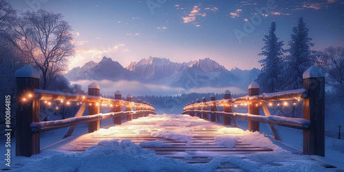 A tranquil winter scene featuring a snow-covered wooden bridge adorned with warm lights leading to a majestic mountainous backdrop at dusk.