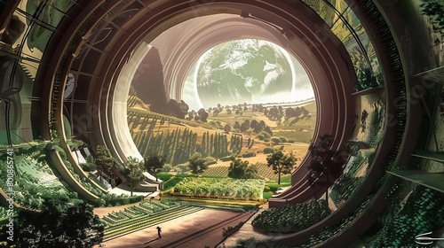 A serene, futuristic concept of a green habitable dome housing a self-sustaining ecosystem with lush greenery and agriculture