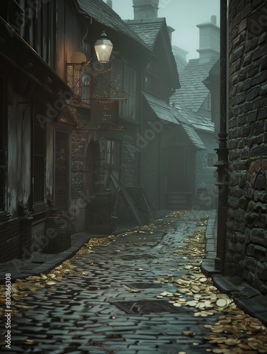 An eerie, empty cobblestone street in a medieval town lined with old buildings and golden leaves scattered on the ground under a vintage streetlamp