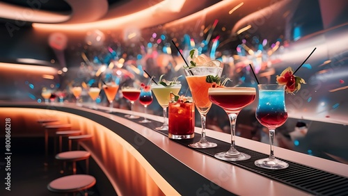 Cocktails drinks on the bar blured background hyper detailed