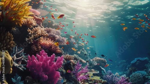 A breathtaking view of a coral reef teeming with life, from tiny crustaceans to colorful fish, illustrating the rich biodiversity and importance of reefs on World Reef Awareness Day.