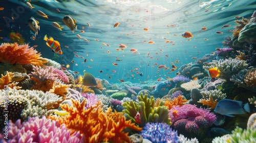 A breathtaking view of a coral reef teeming with life, from tiny crustaceans to colorful fish, illustrating the rich biodiversity and importance of reefs on World Reef Awareness Day.