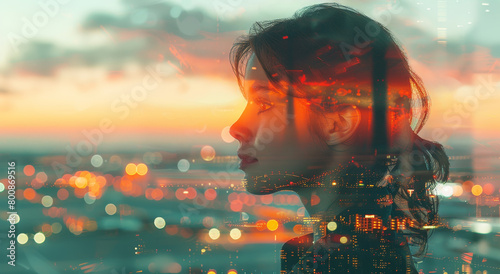 Profile of a woman overlaid with cityscape lights, double exposure, against a sunset sky, concept of urban life, Generative AI.
