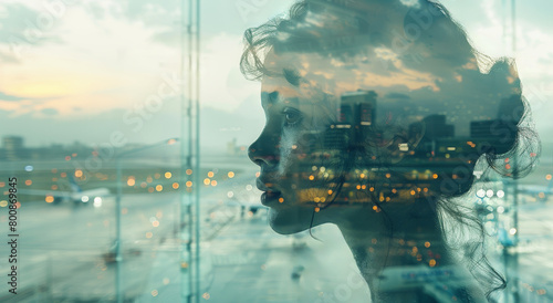 Profile of a woman with a double exposure effect, blending her image with a cityscape airport at twilight, conveying a concept of urban life. Generative AI