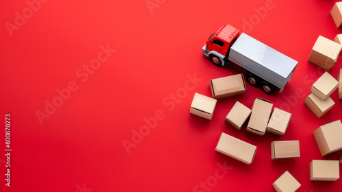 A toy delivery truck and scattered packages on a red background, in a cartoon graphic style, depicting a fast delivery concept. Generative AI