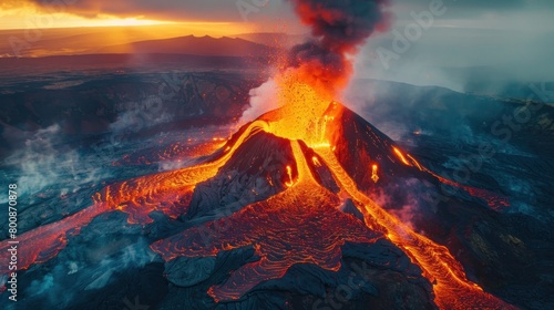 Erupted volcanic crater Along with the intense heat from the red-hot burning lava flowing out of the lava.