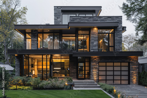 A two-story modern house with stone and glass, featuring large windows on the first floor for indoor-outdoor living space. Created with Ai