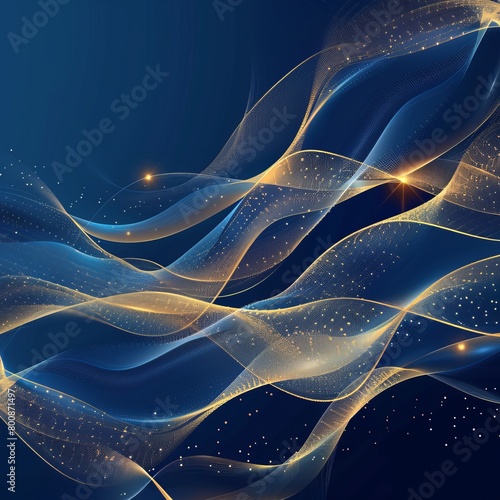 Ethereal golden waves undulate gracefully over a deep space-like blue background, conveying motion