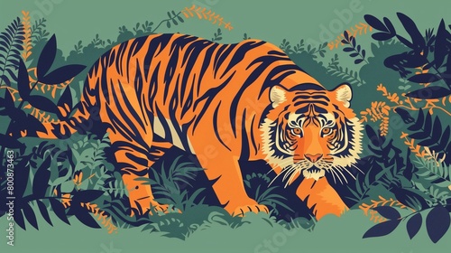 Flat solid color illustration of an orange tiger prowling through underbrush on a jungle green background
