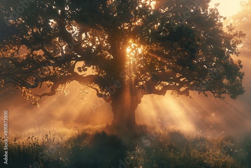 An enchanting image of a majestic ancient oak tree illuminated by the radiant sunlight piercing through its leaves