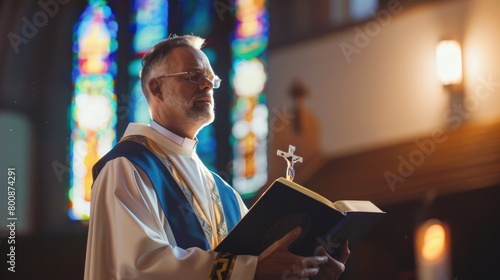 Clergy preaches hope for world peace, Christian church ministry, prayer, references to the Bible, the Gospels, and the teachings of Jesus and the prophets.