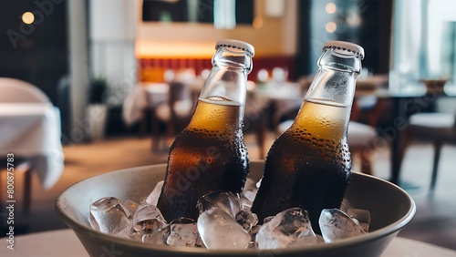 Two glass soft drink with ice in restaurant background