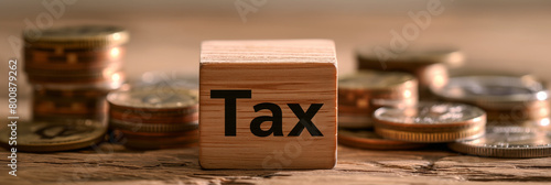 The wooden block with 'Tax' text signifies the concept of financial obligations, governmental dues, and fiscal responsibilities