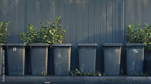 A row of trash cans with plants growing out of them