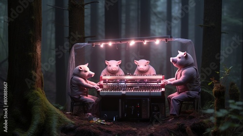 Pigs showcase magic shows in the forest Surrealistic action photo Clean and Clear Color
