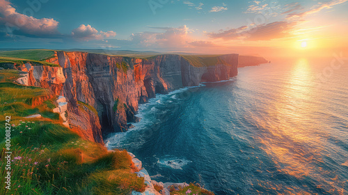 A panoramic view of the Cliffs of Moher in Ireland, with dramatic cliffs and an ocean setting sun. Created with Ai