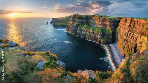 A panoramic view of the Cliffs of Moher in Ireland, with the sun setting over the ocean and creating dramatic lighting on the cliffs. Created with Ai