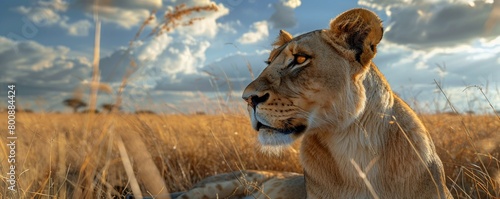 Majestic lioness gazing proudly over the savannah, golden mane flowing, intense stare, vast African landscape in the background