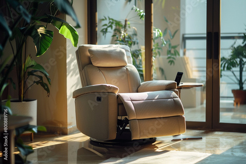 A recliner with a remote-controlled lift function, aiding mobility for users.