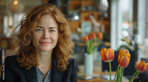 portrait of a smiling redheaded woman in a black suit jacket