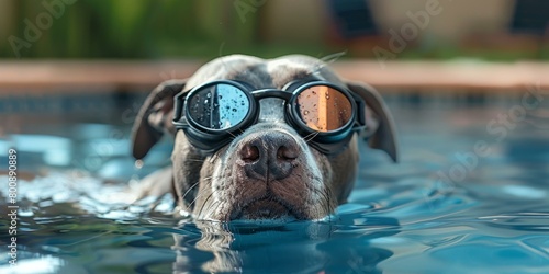 A cute dog wearing swimming goggles is swimming in a pool