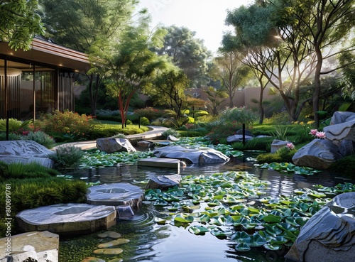 A beautiful garden with a pond, trees, and flowers
