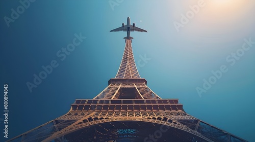 Surreal fantasy landscape. Airplane flying above Eiffel Tower in Paris, clear blue sky background. 3d digital artwork illustration. Travel Europe scenic commercial editorial advertisement concept..