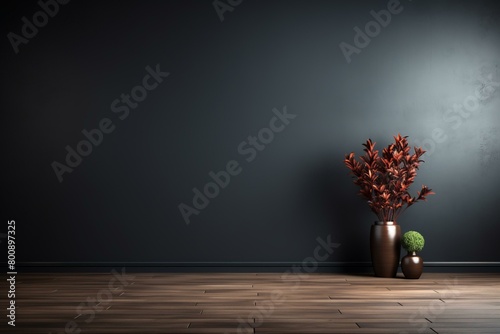 A dark room with a wooden floor and two plants in pots.
