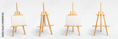 Wood easel stand with art board isolated vector mockup. 3d painter canvas tripod for display artist drawing in gallery exhibition. Whiteboard object for creative studio class realistic equipment set
