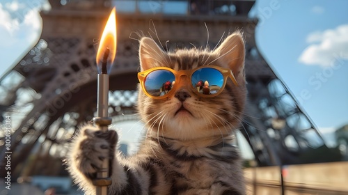 Creative animal concept. Funny cat holding Olympic flame torch, weal sunglasses. Paris Eiffel Tower background, travel to France, cute pet in costume 3d digital art humor greeting card banner blogging