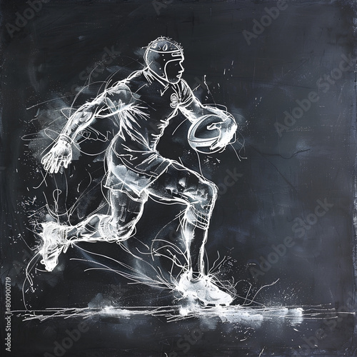 Chalk Rugby Player in Action, Aggressive and Powerful on Blackboard