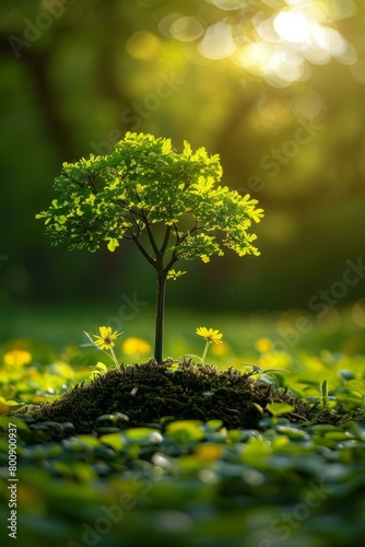 A small tree growing in a field of grass with yellow flowers
