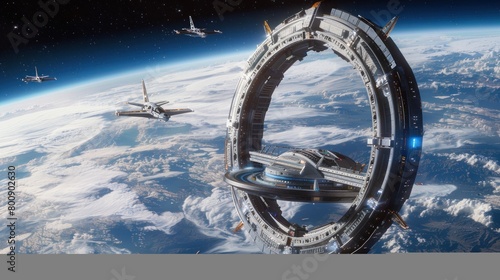 Space station is circular and rotates in the earth's orbit, AI generated image.