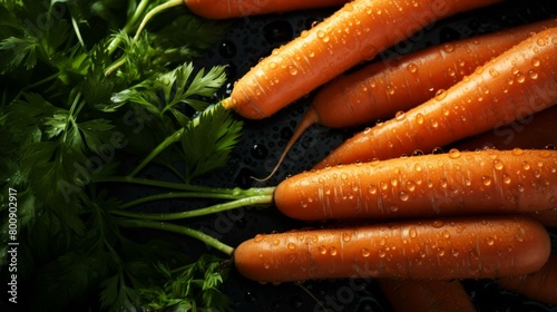Fresh carrots with green leaves on a black background