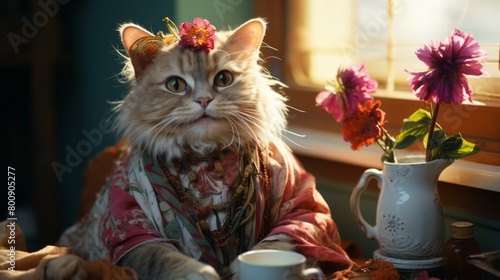 A ginger cat wearing a floral headdress and a colorful robe is sitting at a table with a vase of flowers.