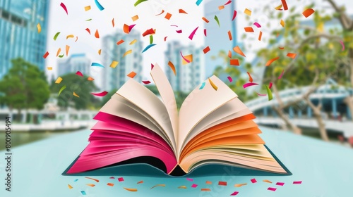 a book with colorful pages and confetti falling from the sky