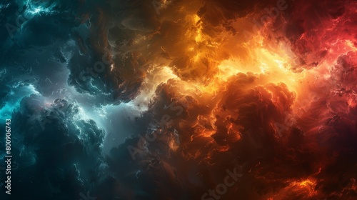 Dark green, blue, yellow, orange red storm clouds. Dramatic ominous night sky background. Hurricane wind clouds and rain. Luminous fire flame. Mystical fantasy. Or epic horror apocalyptic concept.